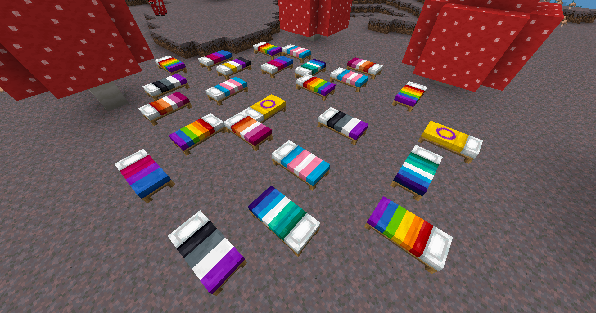 Pride flag covered beds scattered across a mushroom fields biome